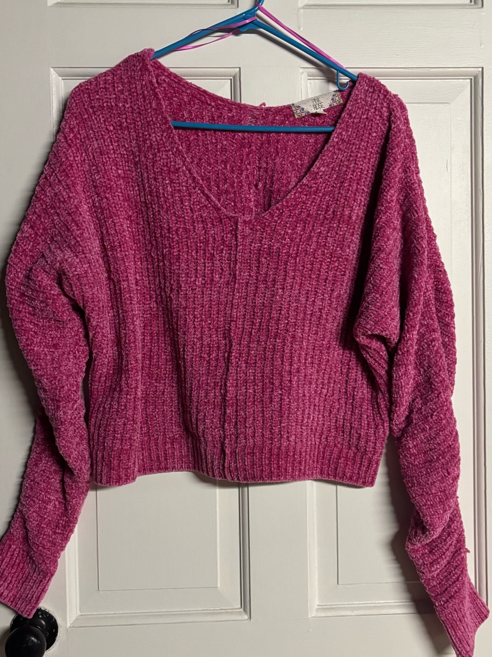 Pink Rose Women's V-Neck Chunky Knit Sweater in Magenta Pink